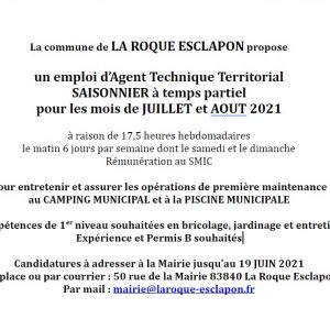 Emploi SAISONNIER juillet août 2021