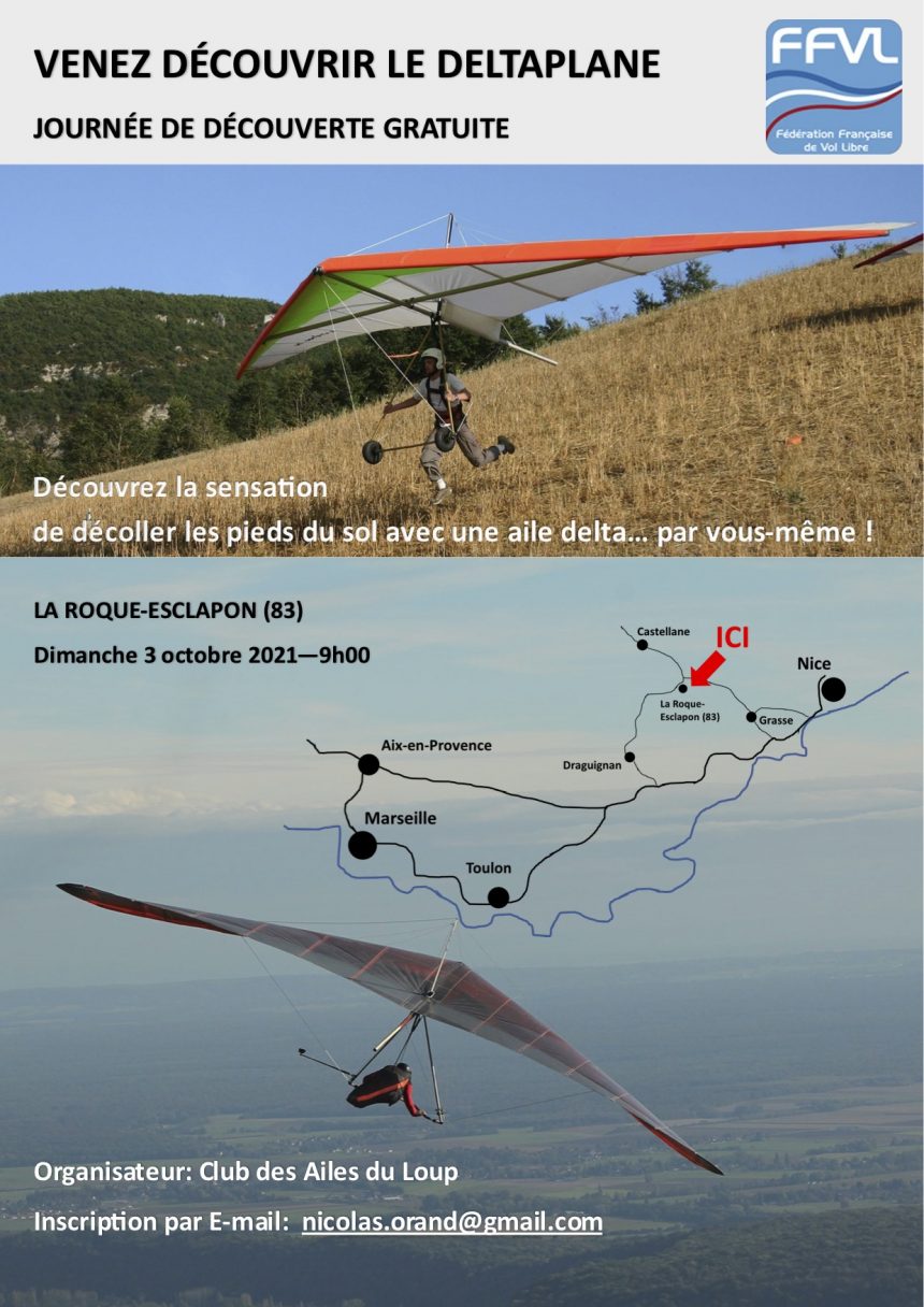 Venez découvrir le deltaplane gratuitement à La Roque Esclapon, le 3 octobre 2021 !