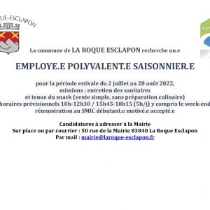 Poste saisonnier à pourvoir à La Roque Esclapon